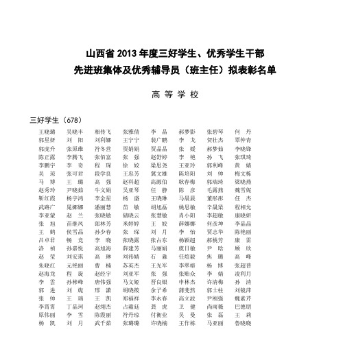 山西省2013年度三好学生、优秀学生干部