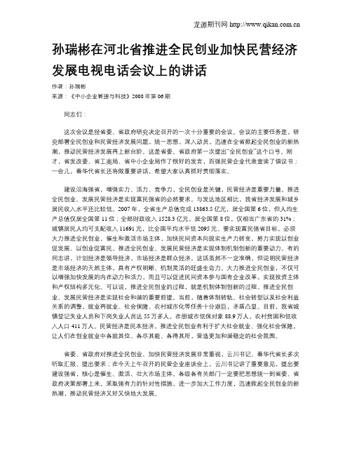 孙瑞彬在河北省推进全民创业加快民营经济发展电视电话会议上的讲话