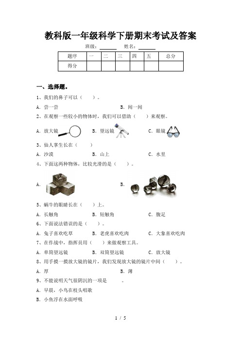 教科版一年级科学下册期末考试及答案