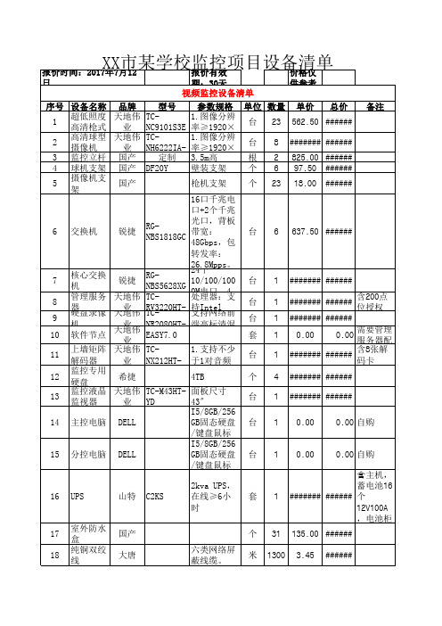 XX市某学校监控项目设备清单