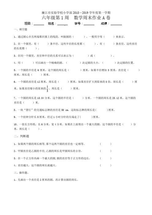 广东省廉江市实验学校2020-2021学年级六年级上学期数学第1周周末作业A