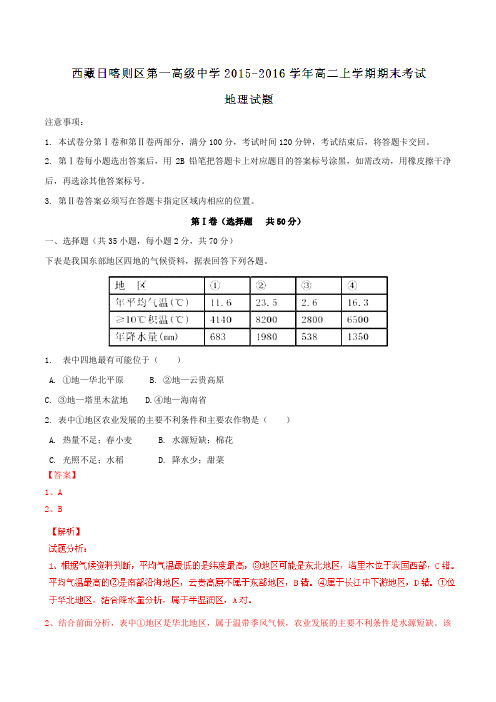 【全国百强校】西藏日喀则区第一高级中学2015-2016学年高二上学期期末考试地理试题解析(解析版)