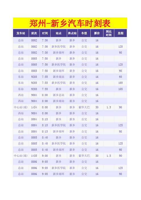 郑州-新乡汽车时刻表