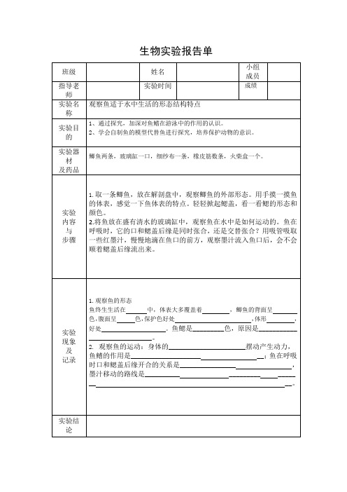 观察鱼适于水中生活的形态结构特点实验报告单