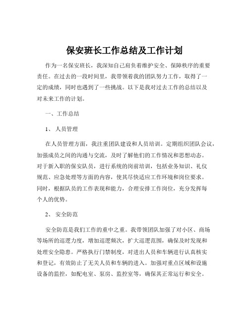 保安班长工作总结及工作计划