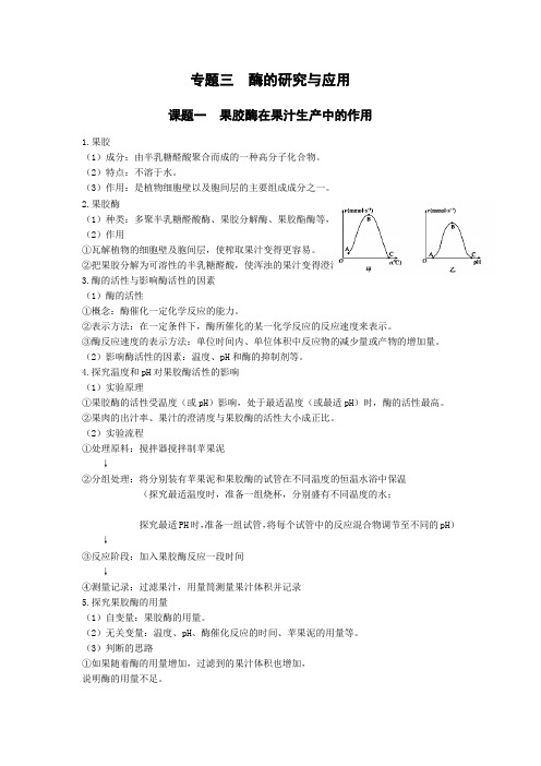 高中生物选修1 专题三  酶的研究与应用知识清单