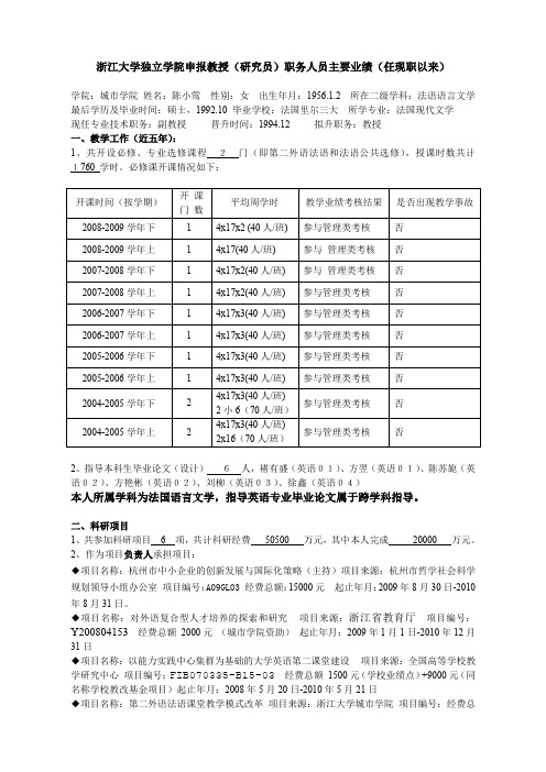 浙江大学独学院申报教授(研究员)职务人员主要业绩(任