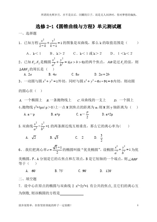 (新)高中数学选修1-1圆锥曲线方程单元测试题含答案