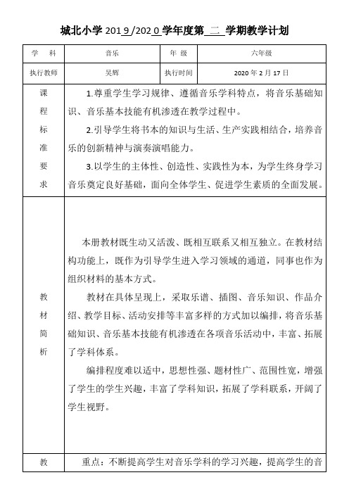 2020年最新人教六年级音乐下册教学计划