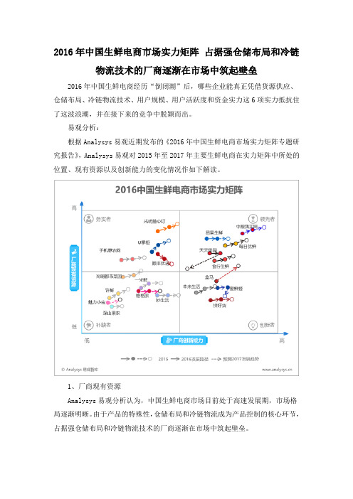 2016年中国生鲜电商市场实力矩阵 占据强仓储布局和冷链物流技术的厂商逐渐在市场中筑起壁垒