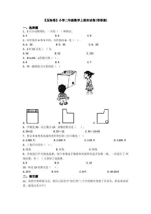 【压轴卷】小学二年级数学上期末试卷(带答案)