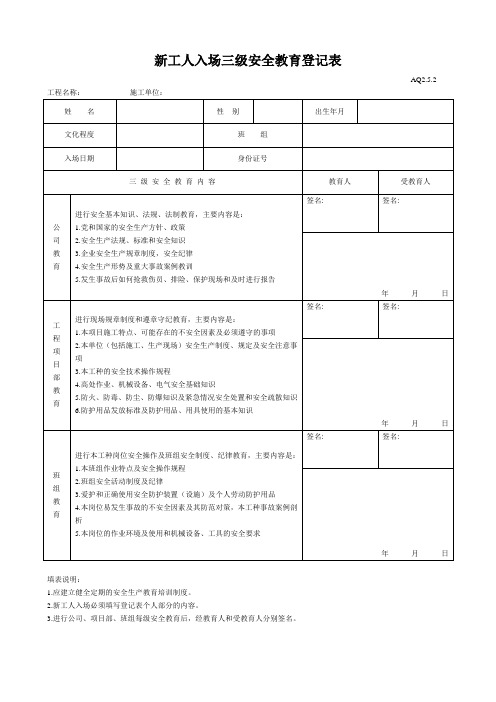 新工人入场三级安全教育表(含教育内容记录)