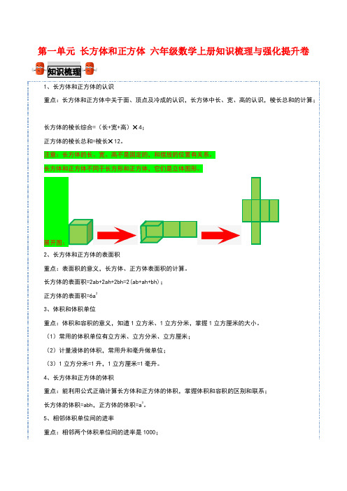 【考点梳理+强化提升】第一单元 长方体和正方体 六年级数学上册知识梳理与强化提升卷(苏教版,含答案)