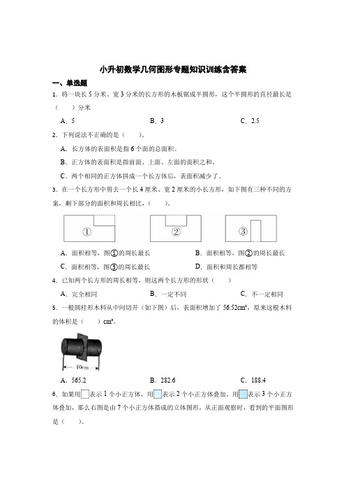 小升初数学几何图形专题知识训练含参考答案-5篇