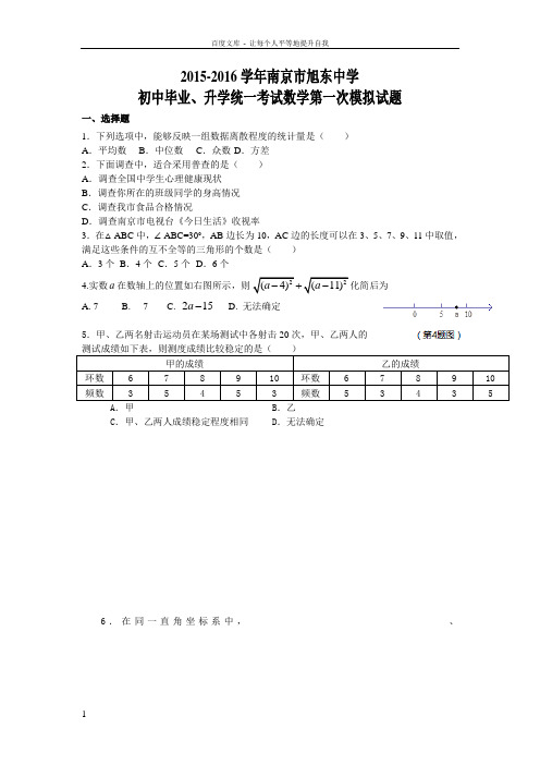 20152016学年南京市旭东中学初中毕业升学统一考试数学第一次模拟试题(含答案)