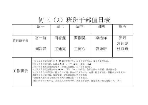 初三2班班干部值日表