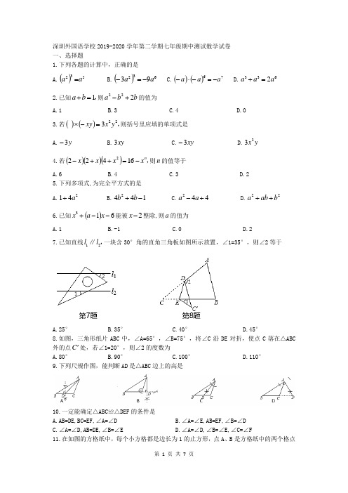 2019年深圳市深圳外国语学校七下期中考试