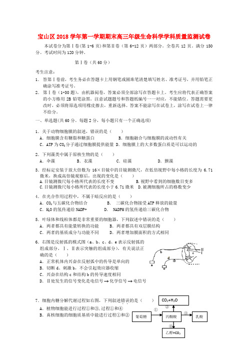 上海市宝山区2018届高三生命科学上学期期末质量监测试