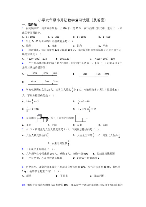 小学六年级小升初数学复习试题(及答案)