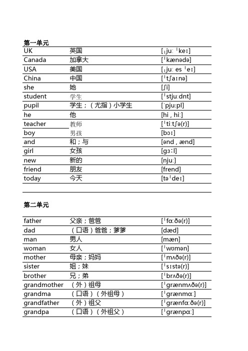 部编版英语三年级下册单词表