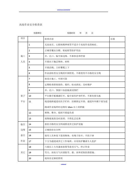 高处作业安全检查表