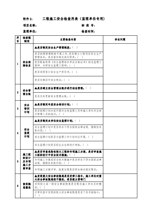 工程施工安全检查用表监理单位专用与施工单位内业专用