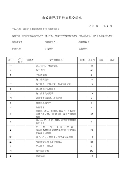 市政道路工程建设项目档案移交清单