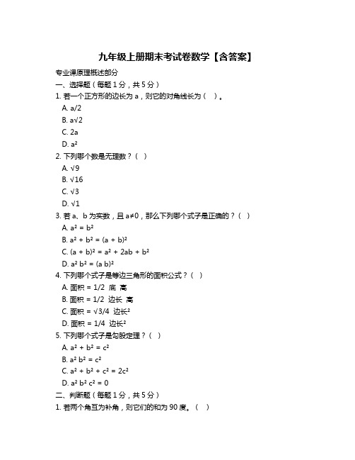 九年级上册期末考试卷数学【含答案】