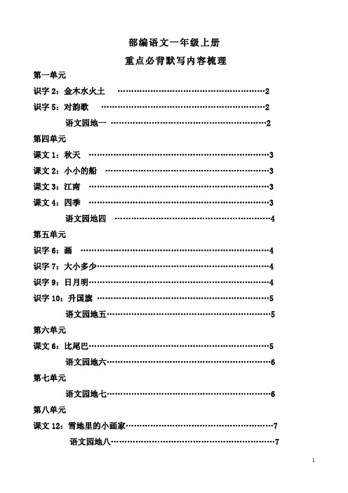 2021春部编人教版2019版语文一年级上(全册)重点必背默写内容可打印