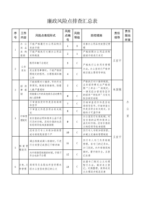 廉政风险点排查汇总表