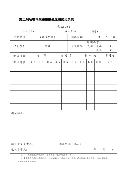 施工现场电气线路绝缘强度测试记录表