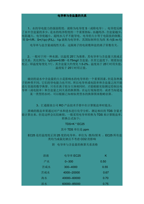 TDS和电导率及含盐量的关系(可速查)