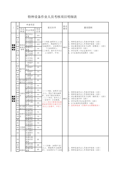 特种设备作业人员考核项目明细表