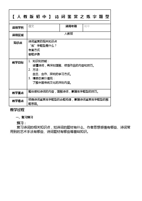 人教版重点初中诗词鉴赏之炼字题型教案