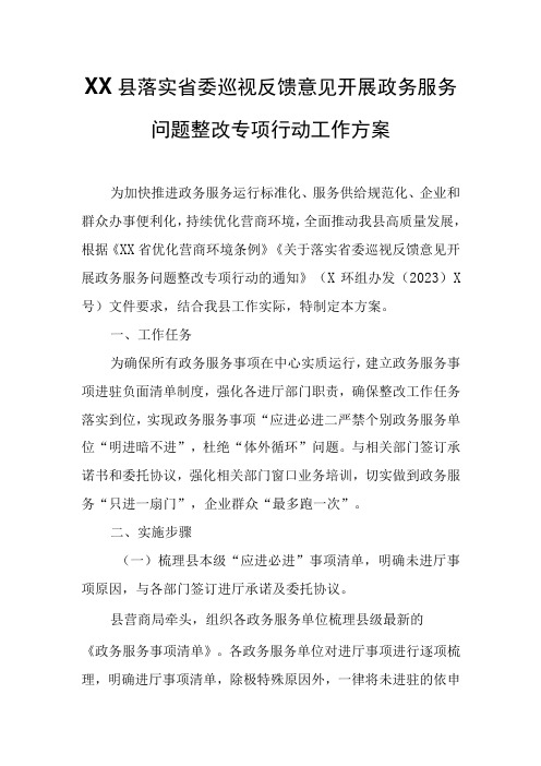 XX县落实省委巡视反馈意见开展政务服务问题整改专项行动工作方案