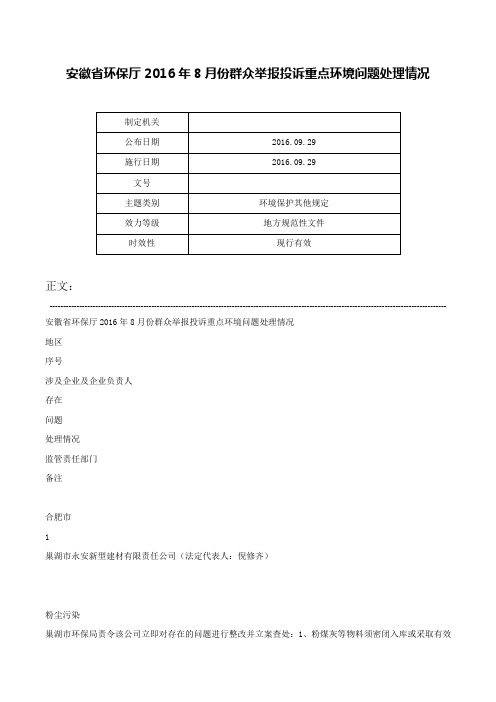 安徽省环保厅2016年8月份群众举报投诉重点环境问题处理情况-