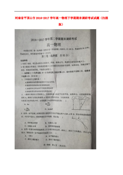 河南省平顶山市高一物理下学期期末调研考试试题(扫描