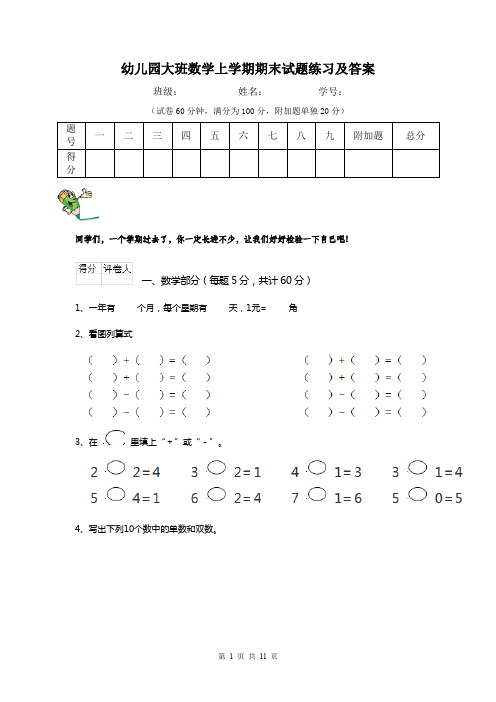 幼儿园大班数学上学期期末试题练习及答案