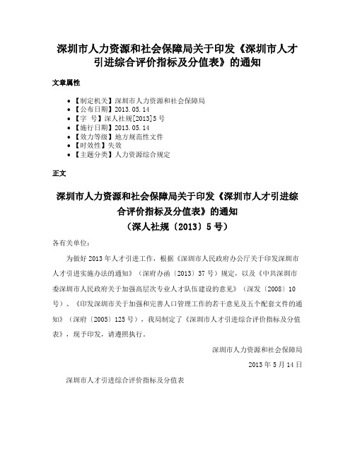 深圳市人力资源和社会保障局关于印发《深圳市人才引进综合评价指标及分值表》的通知