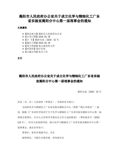 揭阳市人民政府办公室关于成立化学与精细化工广东省实验室揭阳分中心第一届理事会的通知