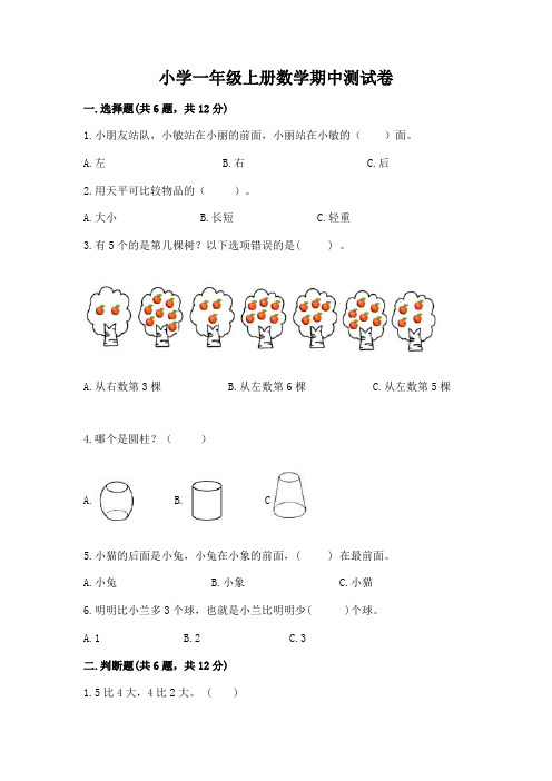 小学一年级上册数学期中测试卷及完整答案(名校卷)