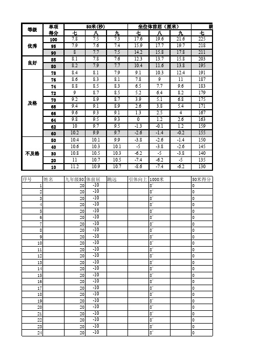 初中体育体质测试成绩算分数统计表九年级男生