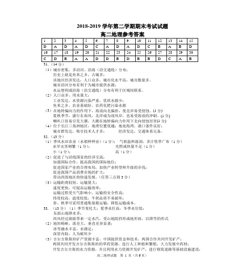 2019年6月20日浙江省学考选考诸暨市高二地理期末试题参考答案