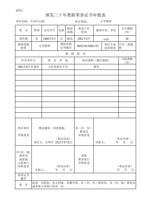 大河中心校颁发三十年教龄荣誉证书审批表