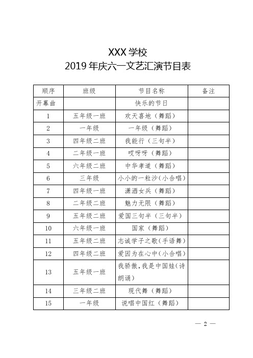 2019年庆六一文艺汇演节目表