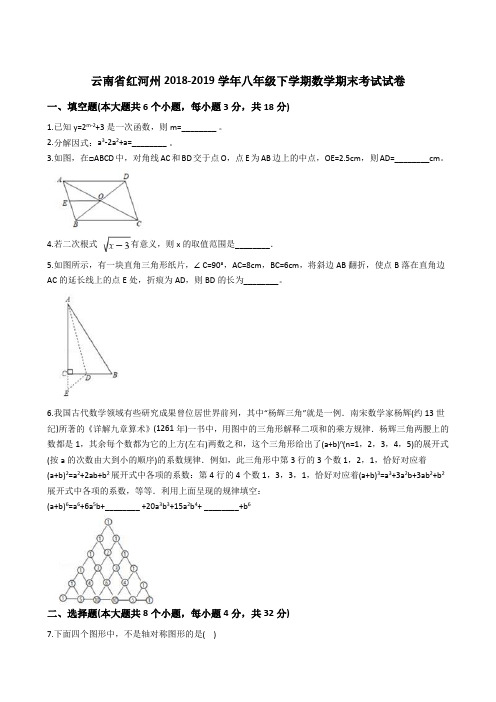 云南省红河州2018-2019学年八年级下学期数学期末考试试卷 (解析版)