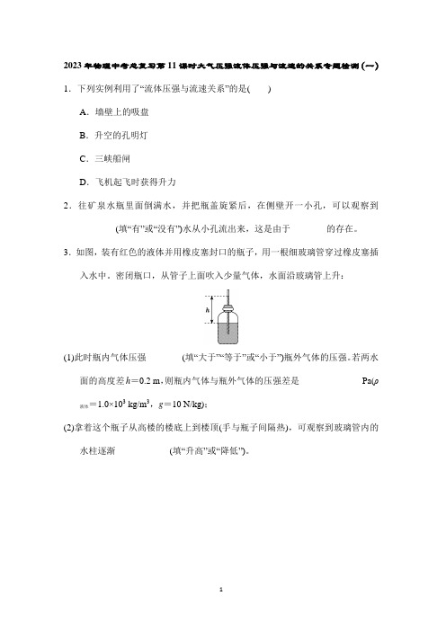 2023年物理中考总复习第11课时大气压强流体压强与流速的关系专题检测(一)打印版含答案