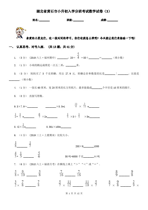 湖北省黄石市小升初入学分班考试数学试卷(3)