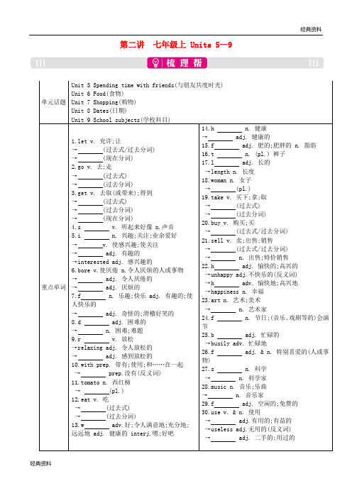 2019年中考英语总复习 第一部分 考点知识过关 第二讲 七上 Units 5-9梳理 (新版)人教新目标版