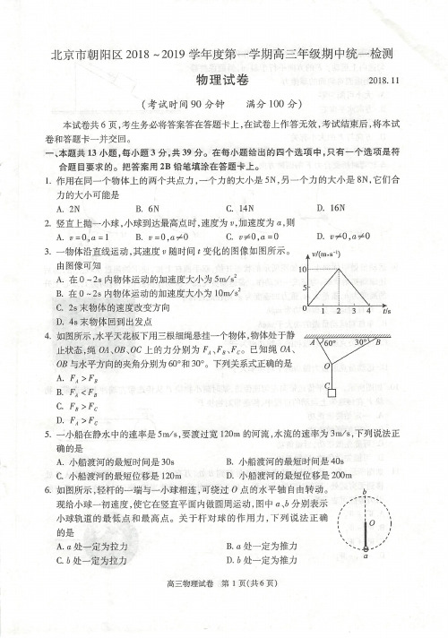 北京市朝阳区2019届高三上学期期中考试物理试卷(pdf版,有答案)[精品]